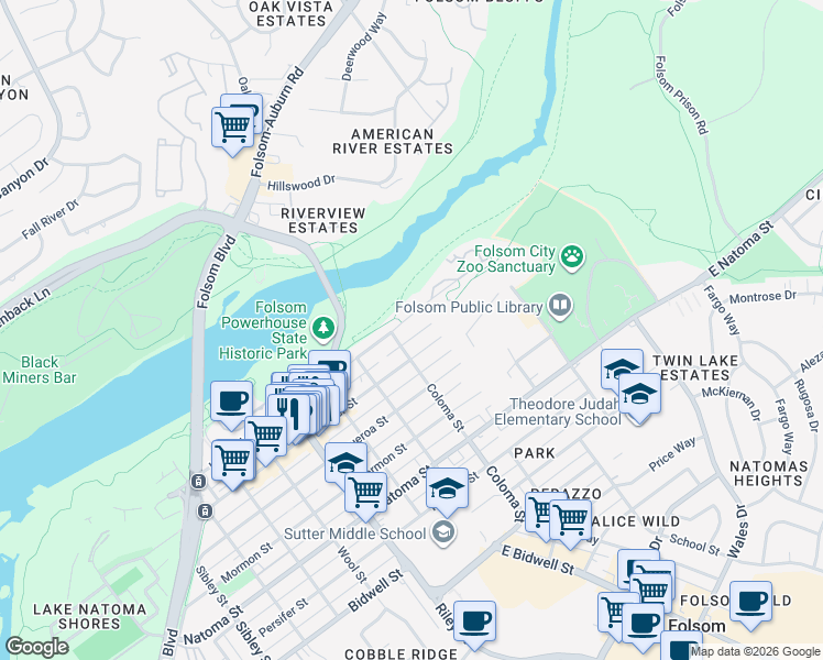 map of restaurants, bars, coffee shops, grocery stores, and more near 317 Leidesdorff Street in Folsom