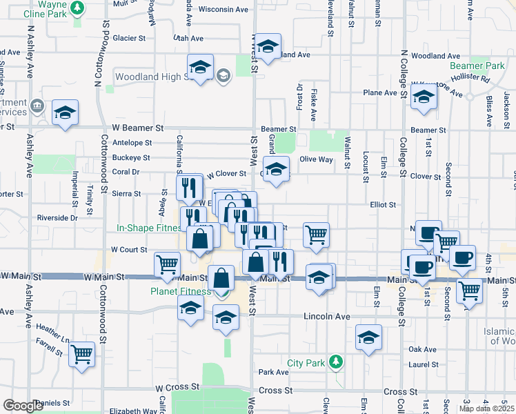 map of restaurants, bars, coffee shops, grocery stores, and more near 2 Elliot Street in Woodland