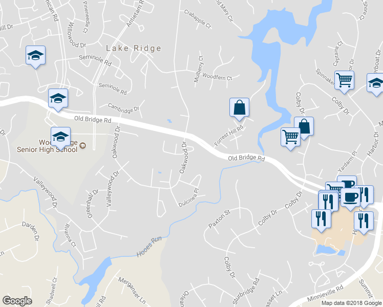map of restaurants, bars, coffee shops, grocery stores, and more near 2666 Seville Circle in Woodbridge