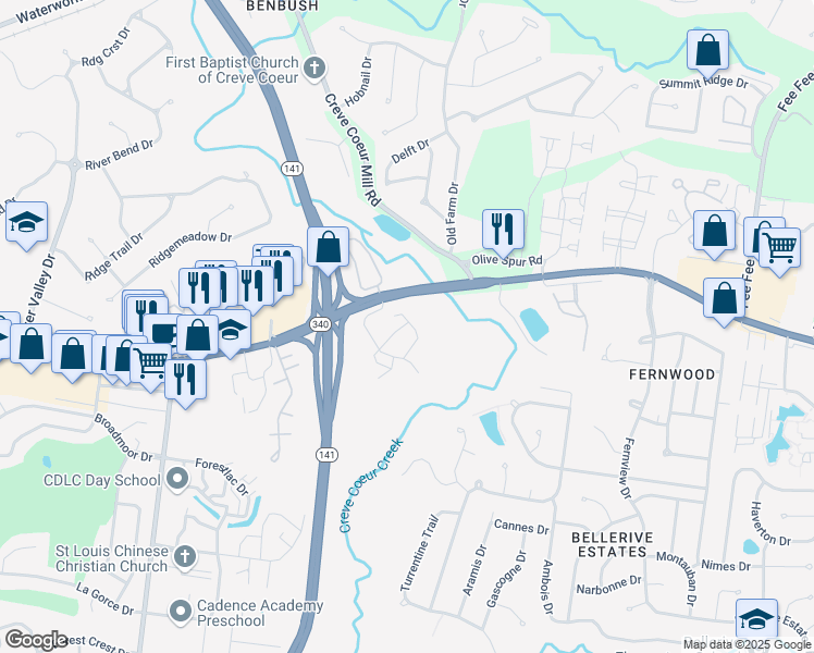 map of restaurants, bars, coffee shops, grocery stores, and more near 13208 Matador Drive in St. Louis