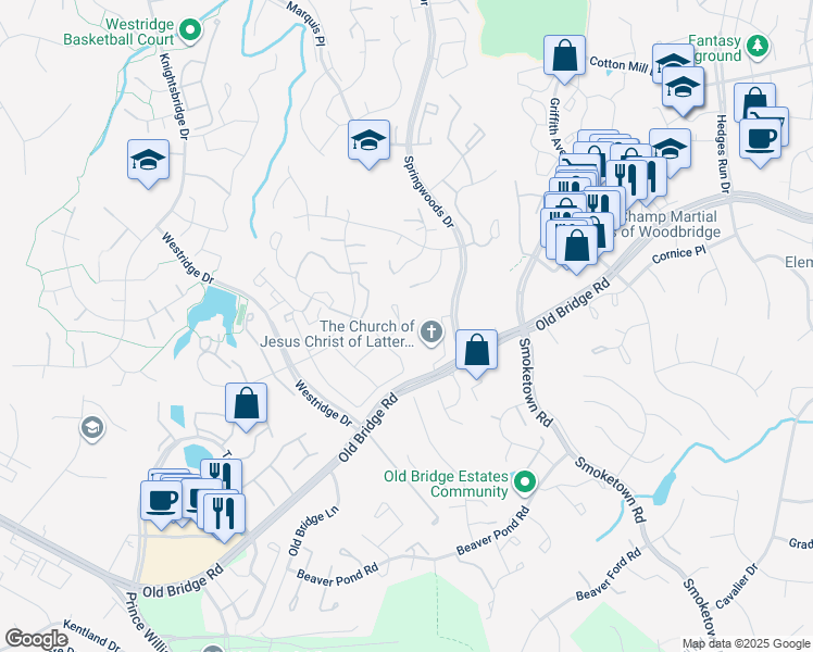 map of restaurants, bars, coffee shops, grocery stores, and more near 3838 Ogilvie Court in Woodbridge