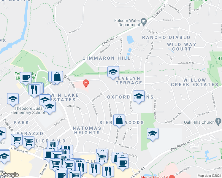 map of restaurants, bars, coffee shops, grocery stores, and more near 275 Montrose Drive in Folsom