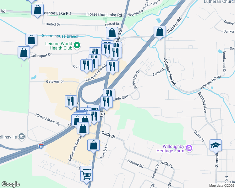 map of restaurants, bars, coffee shops, grocery stores, and more near 1803 Ramada Boulevard in Collinsville