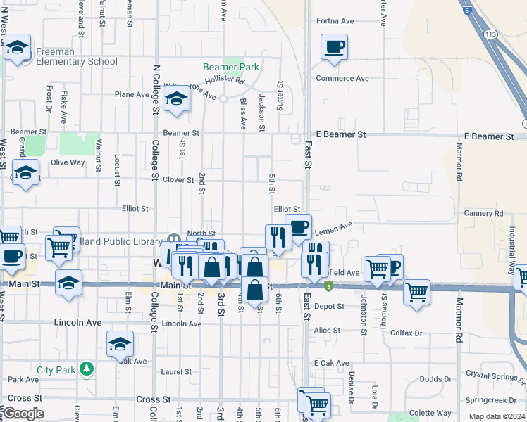 map of restaurants, bars, coffee shops, grocery stores, and more near 925 North Street in Woodland