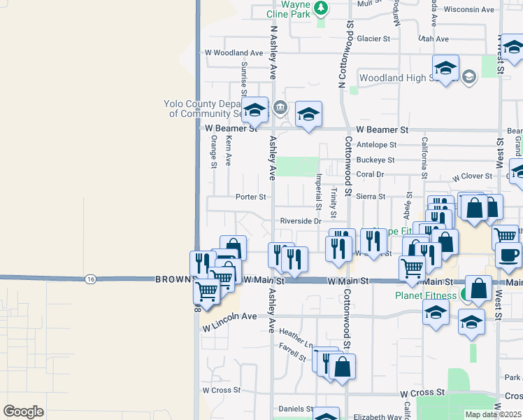 map of restaurants, bars, coffee shops, grocery stores, and more near 306 Riverside Drive in Woodland