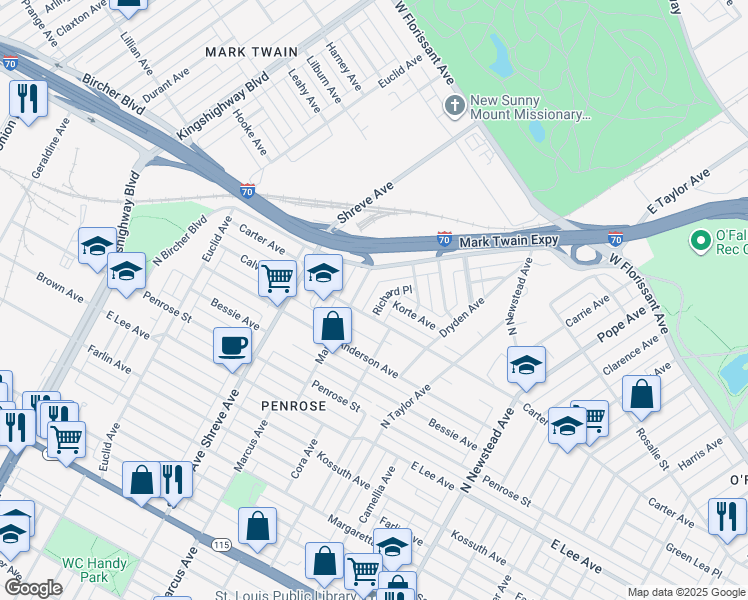 map of restaurants, bars, coffee shops, grocery stores, and more near 4627 Carter Avenue in St. Louis