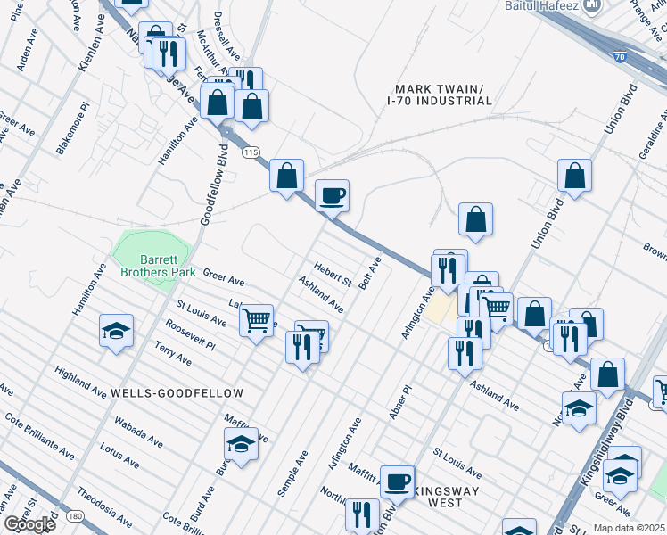 map of restaurants, bars, coffee shops, grocery stores, and more near 5519 Hebert Street in St. Louis