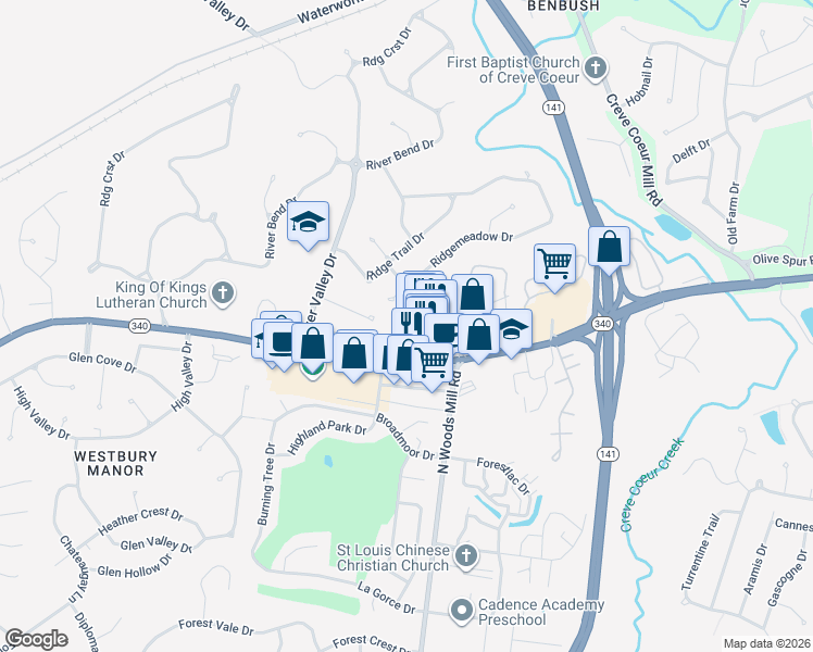 map of restaurants, bars, coffee shops, grocery stores, and more near 13559 Olive Boulevard in Chesterfield