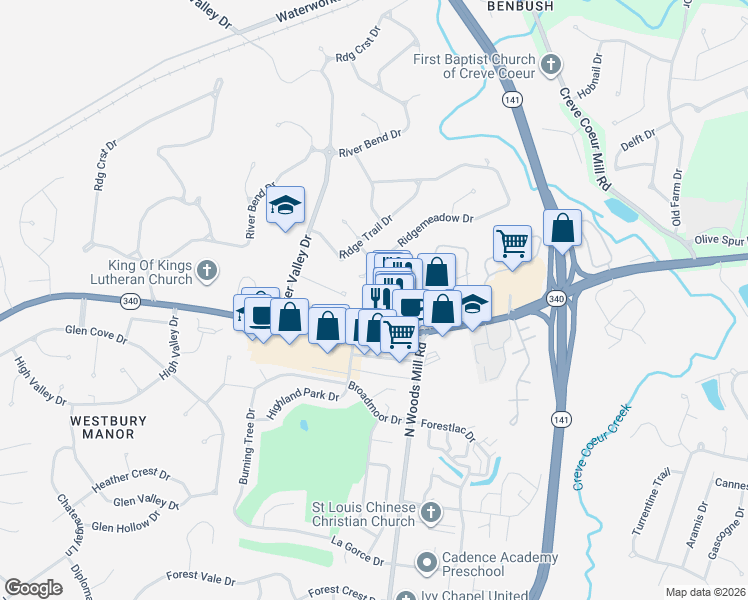 map of restaurants, bars, coffee shops, grocery stores, and more near 13559 Olive Boulevard in Chesterfield