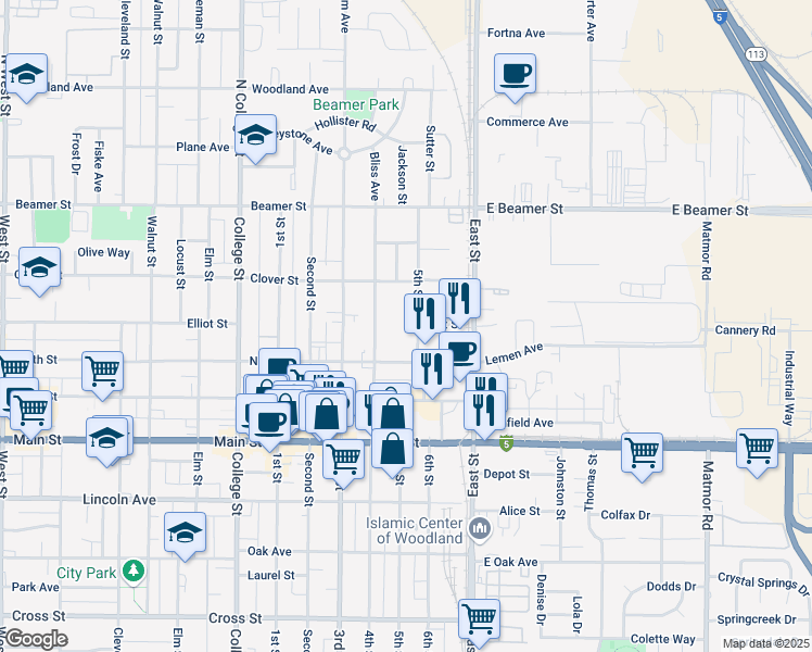 map of restaurants, bars, coffee shops, grocery stores, and more near 925 North Street in Woodland