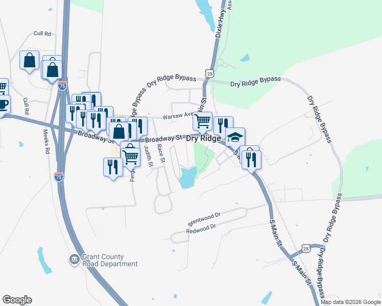 map of restaurants, bars, coffee shops, grocery stores, and more near 21 Church Street in Dry Ridge
