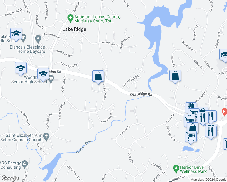 map of restaurants, bars, coffee shops, grocery stores, and more near 20032 Oakwood Drive in Lake Ridge