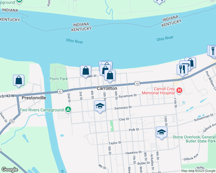 map of restaurants, bars, coffee shops, grocery stores, and more near U.S. 42 West in Carrollton