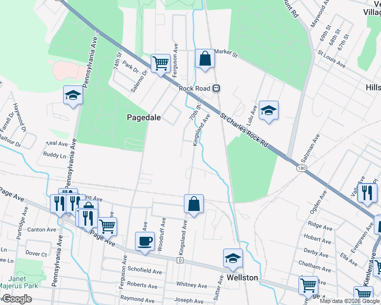 map of restaurants, bars, coffee shops, grocery stores, and more near 1434 Kingsland Avenue in St. Louis