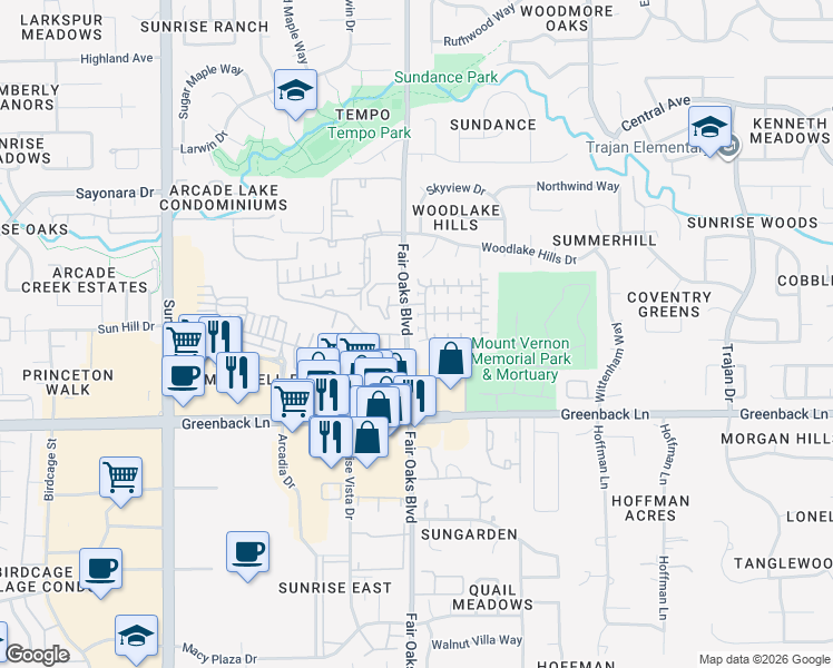 map of restaurants, bars, coffee shops, grocery stores, and more near 6349 Brando Loop in Fair Oaks