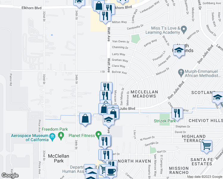 map of restaurants, bars, coffee shops, grocery stores, and more near 6252 Watt Avenue in North Highlands