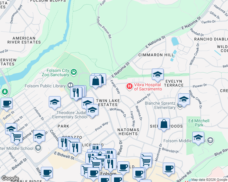 map of restaurants, bars, coffee shops, grocery stores, and more near in Folsom