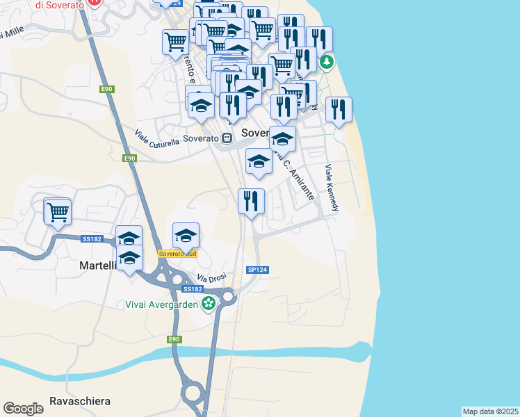map of restaurants, bars, coffee shops, grocery stores, and more near 19 Viale Stazione in Soverato