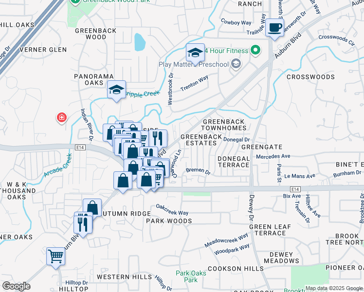 map of restaurants, bars, coffee shops, grocery stores, and more near 6351 Port Gibson Court in Citrus Heights