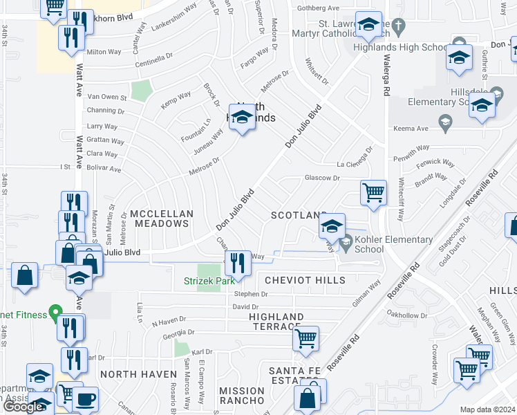 map of restaurants, bars, coffee shops, grocery stores, and more near 6219 Providence Way in North Highlands
