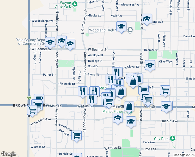 map of restaurants, bars, coffee shops, grocery stores, and more near 224 Schuerle Street in Woodland