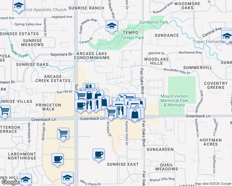 map of restaurants, bars, coffee shops, grocery stores, and more near 8013 Arcadia Drive in Citrus Heights