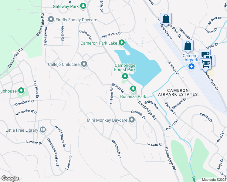 map of restaurants, bars, coffee shops, grocery stores, and more near 3139 El Tejon Road in Cameron Park