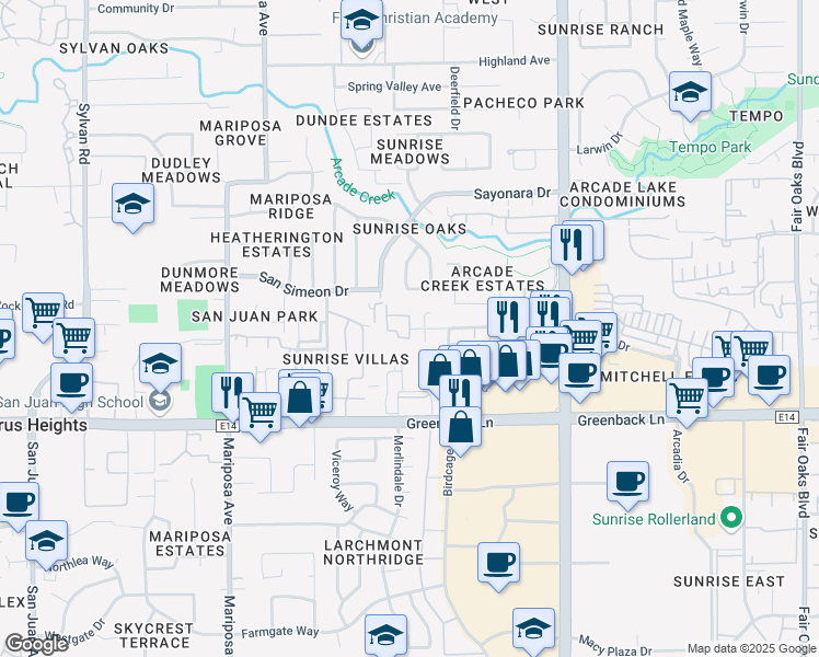 map of restaurants, bars, coffee shops, grocery stores, and more near 7755 Sun Hill Drive in Citrus Heights