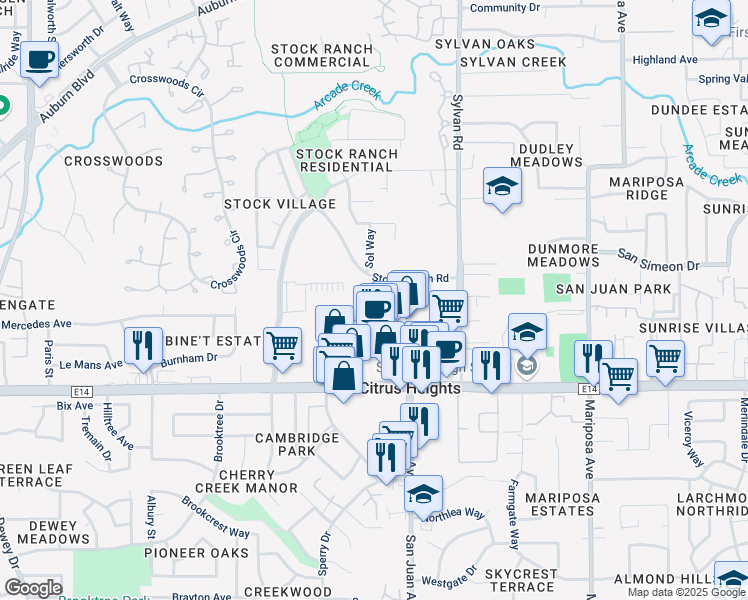 map of restaurants, bars, coffee shops, grocery stores, and more near 7301 Greenback Lane in Citrus Heights