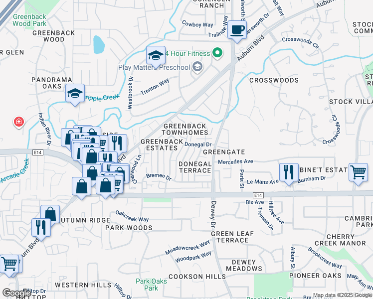 map of restaurants, bars, coffee shops, grocery stores, and more near 6236 Carlow Drive in Citrus Heights