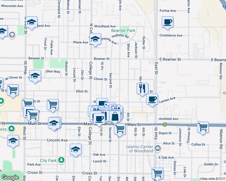 map of restaurants, bars, coffee shops, grocery stores, and more near 163 2nd Street in Woodland