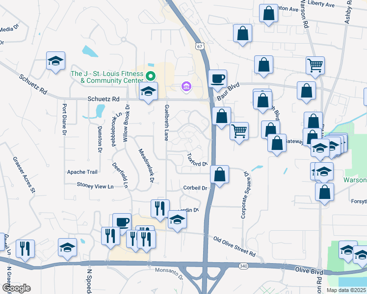 map of restaurants, bars, coffee shops, grocery stores, and more near 10375 Forest Brook Lane in St. Louis