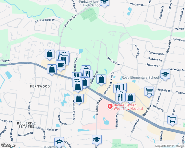 map of restaurants, bars, coffee shops, grocery stores, and more near 1127 Timber Run Drive in St. Louis