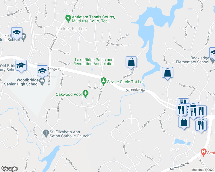 map of restaurants, bars, coffee shops, grocery stores, and more near 2676 Seville Circle in Woodbridge