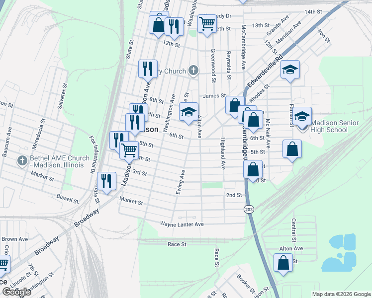 map of restaurants, bars, coffee shops, grocery stores, and more near 416 Ewing Avenue in Madison