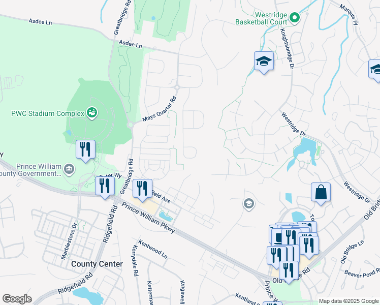 map of restaurants, bars, coffee shops, grocery stores, and more near 12459 Southington Drive in Woodbridge
