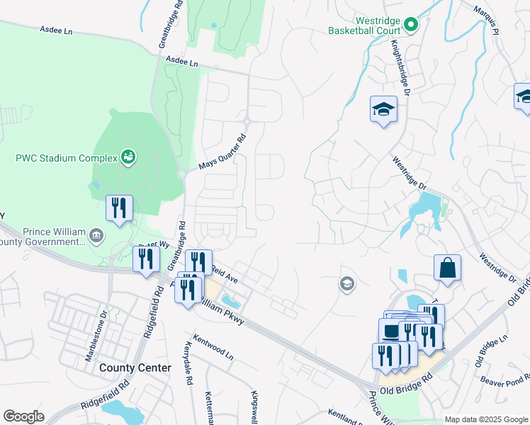map of restaurants, bars, coffee shops, grocery stores, and more near 12459 Southington Drive in Woodbridge