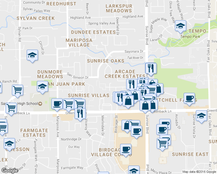 map of restaurants, bars, coffee shops, grocery stores, and more near 7839 Sun Hill Drive in Citrus Heights