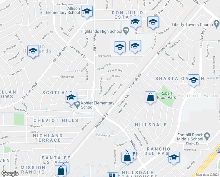 map of restaurants, bars, coffee shops, grocery stores, and more near Hardwick Way in North Highlands