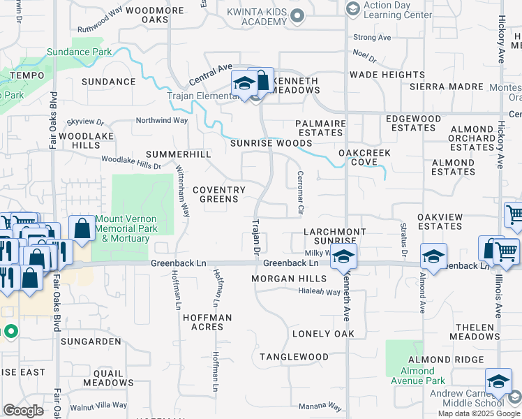 map of restaurants, bars, coffee shops, grocery stores, and more near 8401 Harbourwood Drive in Orangevale