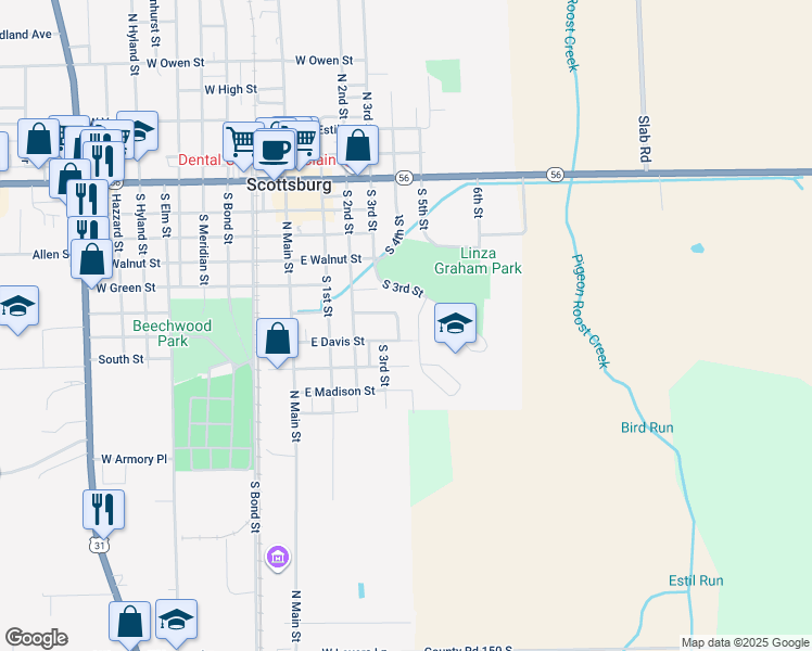 map of restaurants, bars, coffee shops, grocery stores, and more near 280 Harrison Street in Scottsburg