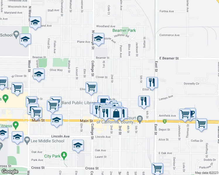 map of restaurants, bars, coffee shops, grocery stores, and more near 119 2nd Street in Woodland