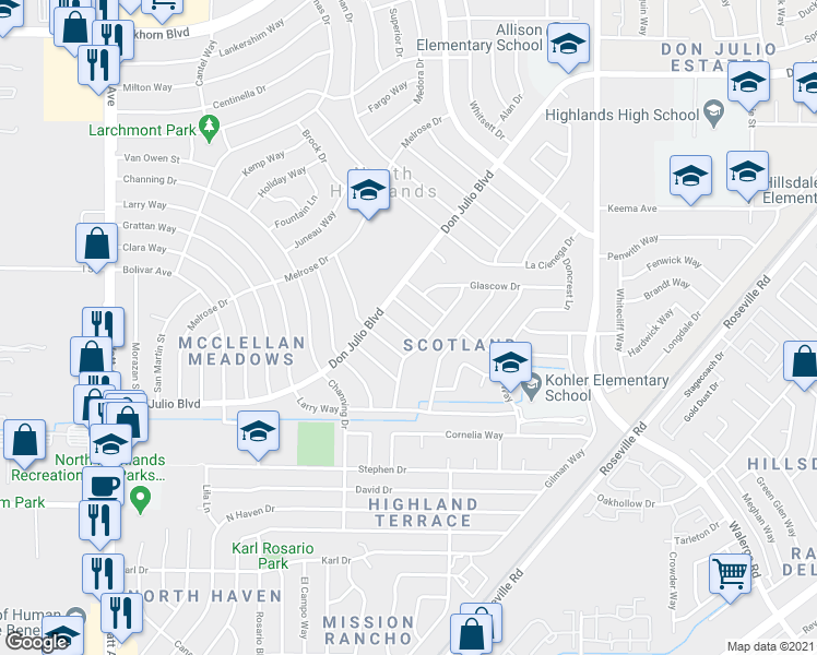 map of restaurants, bars, coffee shops, grocery stores, and more near 6212 Providence Way in North Highlands