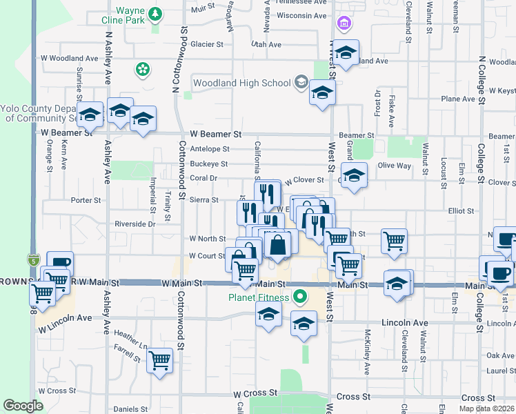 map of restaurants, bars, coffee shops, grocery stores, and more near 219 California Street in Woodland