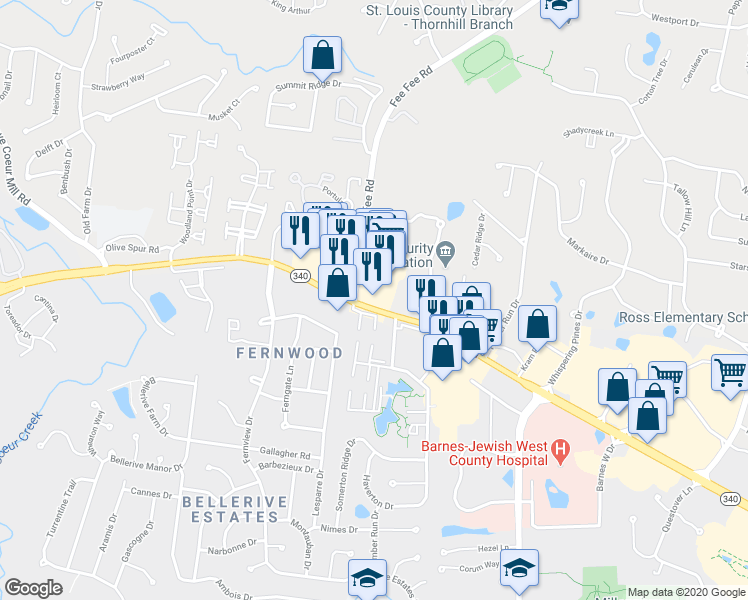 map of restaurants, bars, coffee shops, grocery stores, and more near 12865 Olive Blvd in St Louis