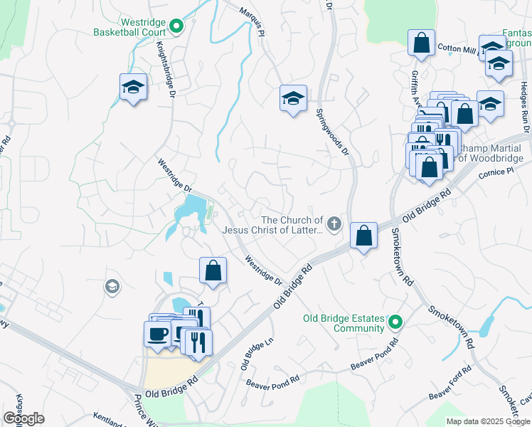 map of restaurants, bars, coffee shops, grocery stores, and more near 4044 Chetham Way in Woodbridge