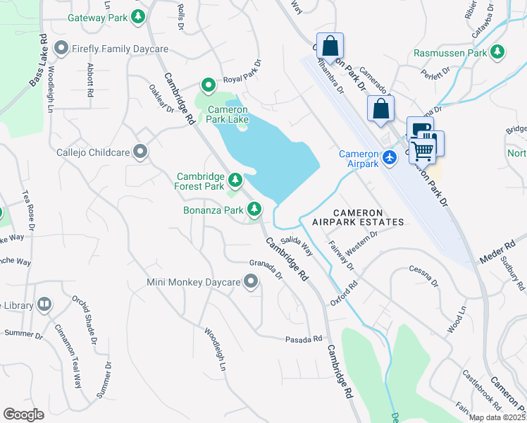map of restaurants, bars, coffee shops, grocery stores, and more near 3119 Cambridge Road in Cameron Park