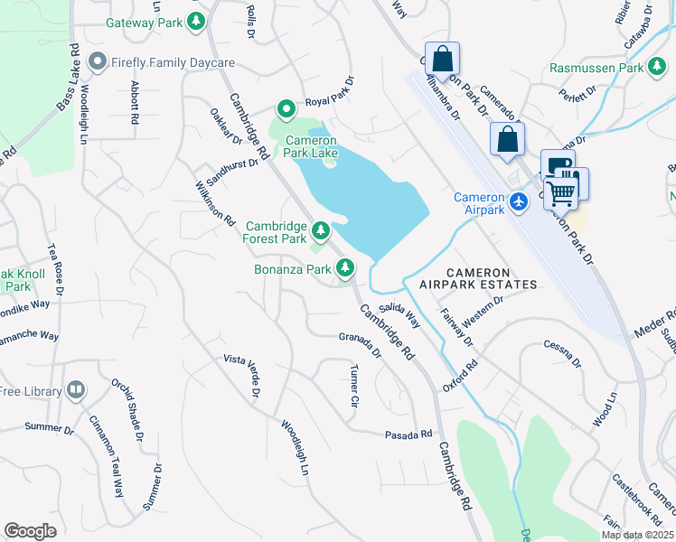 map of restaurants, bars, coffee shops, grocery stores, and more near 3119 Cambridge Road in Cameron Park