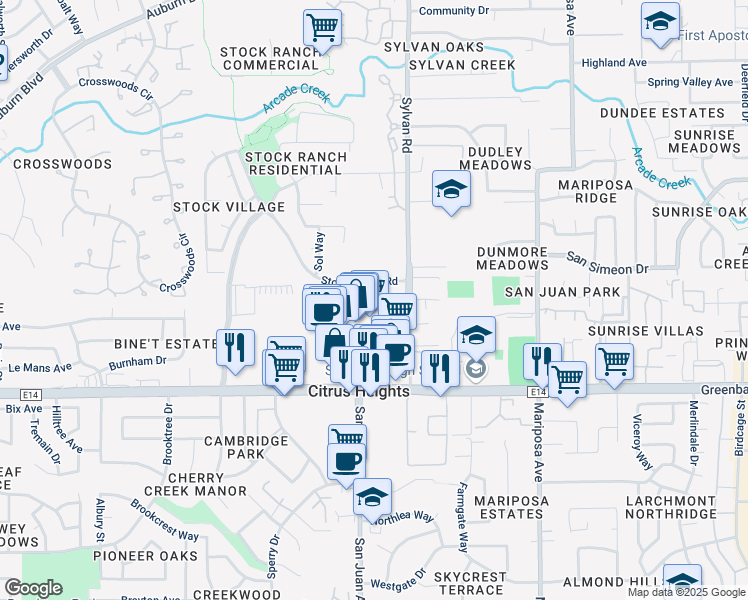 map of restaurants, bars, coffee shops, grocery stores, and more near 7395 Stock Ranch Road in Citrus Heights
