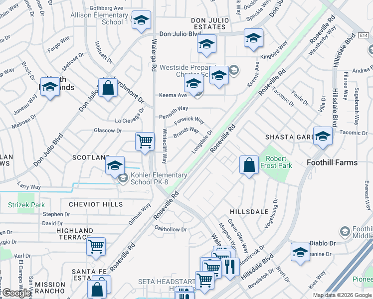 map of restaurants, bars, coffee shops, grocery stores, and more near 4457 Hardwick Way in North Highlands
